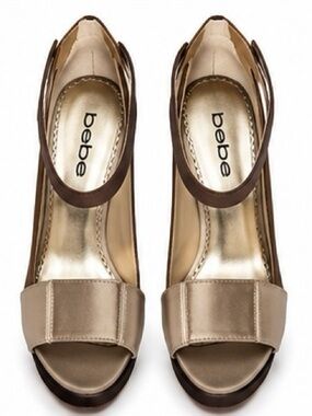 Bebe Multitone Satin Platform Ankle Strap Heels Size 6M Leather Sole